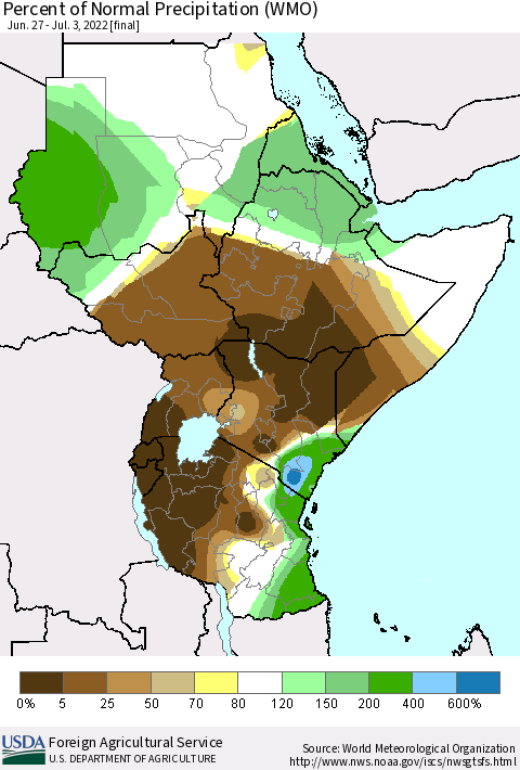 Eastern Africa Percent of Normal Precipitation (WMO) Thematic Map For 6/27/2022 - 7/3/2022