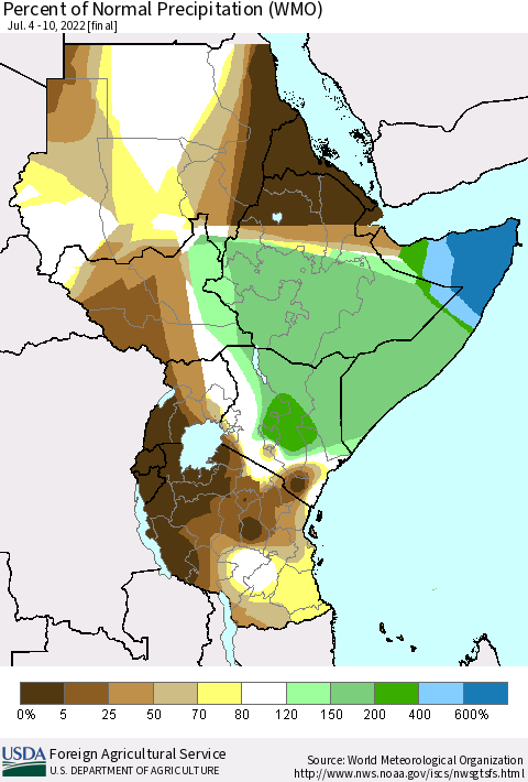 Eastern Africa Percent of Normal Precipitation (WMO) Thematic Map For 7/4/2022 - 7/10/2022