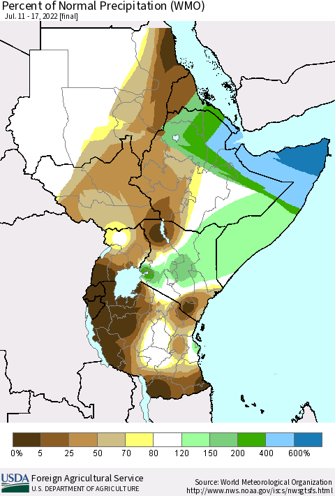 Eastern Africa Percent of Normal Precipitation (WMO) Thematic Map For 7/11/2022 - 7/17/2022