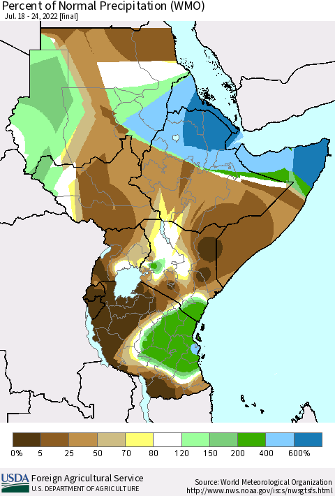 Eastern Africa Percent of Normal Precipitation (WMO) Thematic Map For 7/18/2022 - 7/24/2022