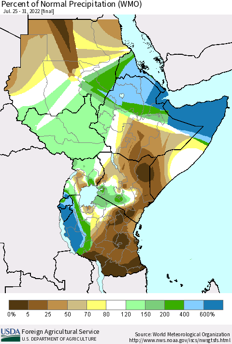 Eastern Africa Percent of Normal Precipitation (WMO) Thematic Map For 7/25/2022 - 7/31/2022