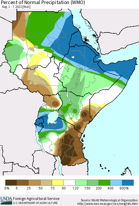 Eastern Africa Percent of Normal Precipitation (WMO) Thematic Map For 8/1/2022 - 8/7/2022