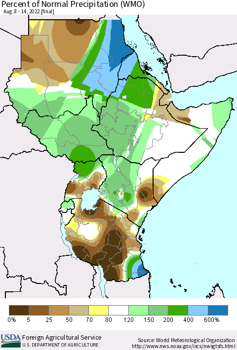 Eastern Africa Percent of Normal Precipitation (WMO) Thematic Map For 8/8/2022 - 8/14/2022