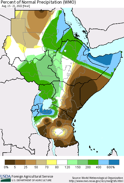 Eastern Africa Percent of Normal Precipitation (WMO) Thematic Map For 8/15/2022 - 8/21/2022