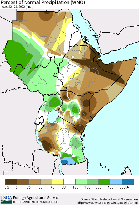 Eastern Africa Percent of Normal Precipitation (WMO) Thematic Map For 8/22/2022 - 8/28/2022