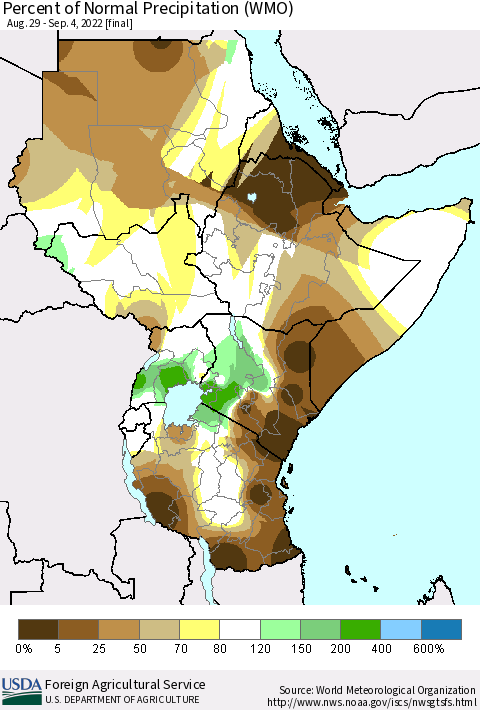 Eastern Africa Percent of Normal Precipitation (WMO) Thematic Map For 8/29/2022 - 9/4/2022