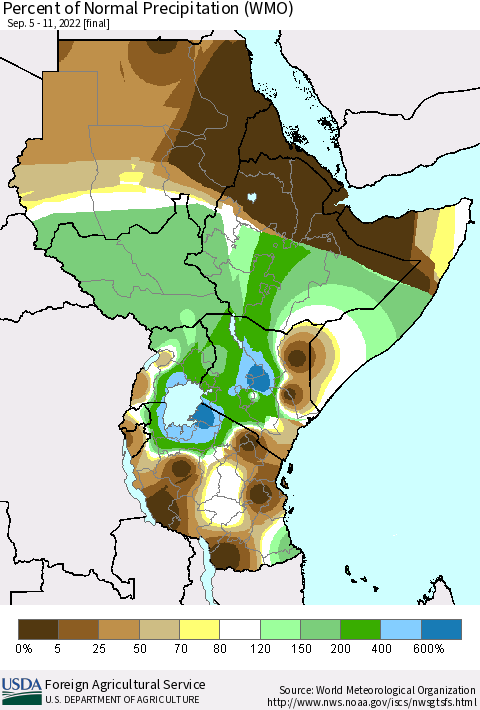 Eastern Africa Percent of Normal Precipitation (WMO) Thematic Map For 9/5/2022 - 9/11/2022