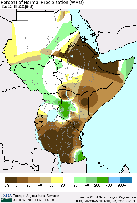 Eastern Africa Percent of Normal Precipitation (WMO) Thematic Map For 9/12/2022 - 9/18/2022