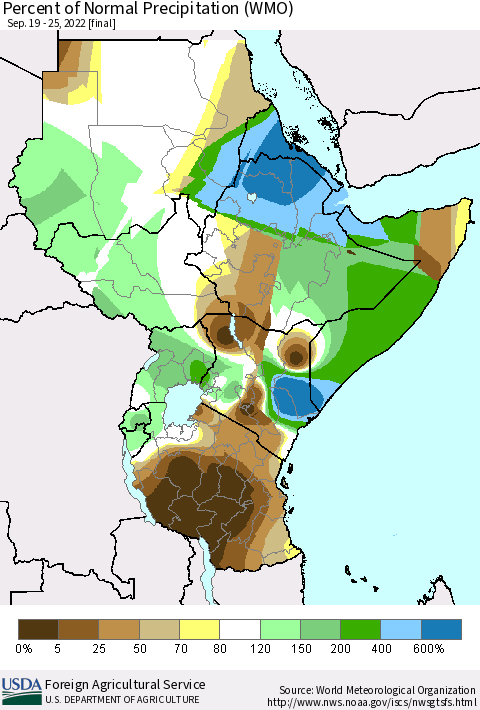 Eastern Africa Percent of Normal Precipitation (WMO) Thematic Map For 9/19/2022 - 9/25/2022