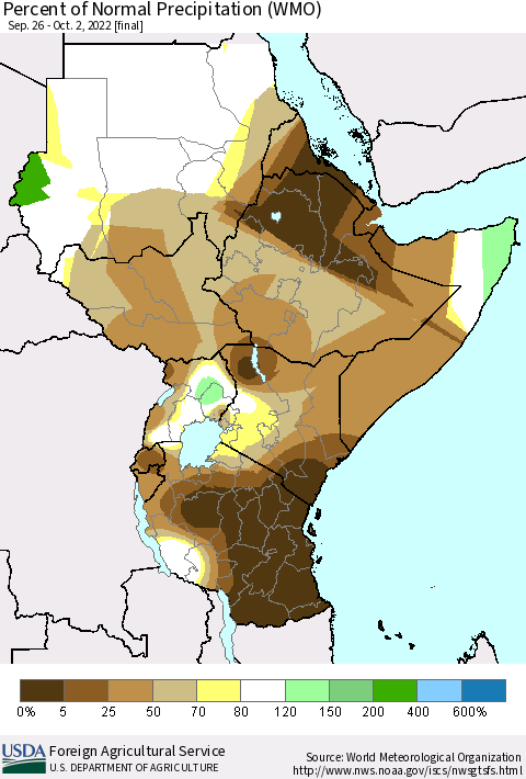 Eastern Africa Percent of Normal Precipitation (WMO) Thematic Map For 9/26/2022 - 10/2/2022