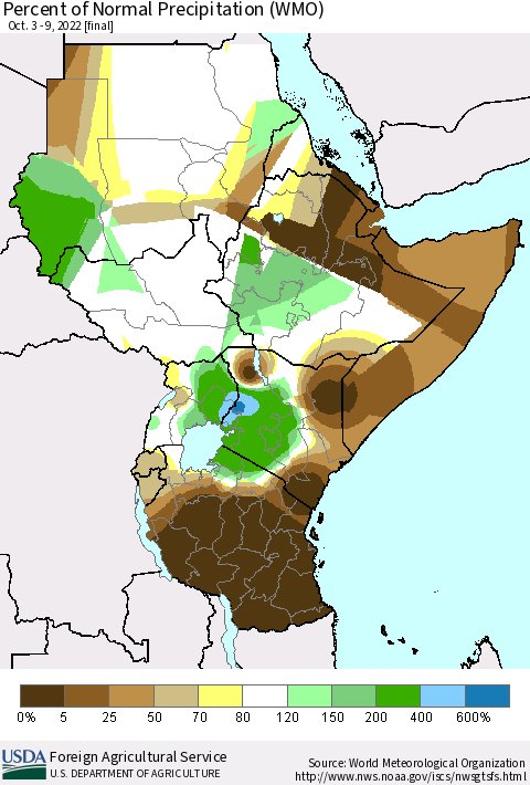 Eastern Africa Percent of Normal Precipitation (WMO) Thematic Map For 10/3/2022 - 10/9/2022
