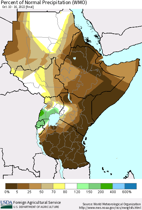 Eastern Africa Percent of Normal Precipitation (WMO) Thematic Map For 10/10/2022 - 10/16/2022