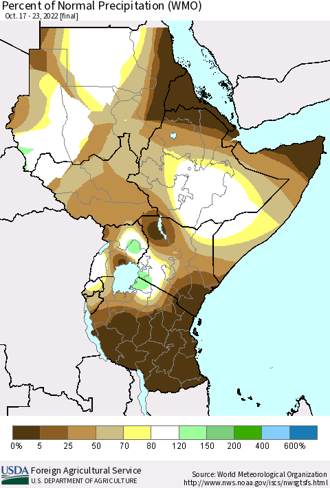 Eastern Africa Percent of Normal Precipitation (WMO) Thematic Map For 10/17/2022 - 10/23/2022