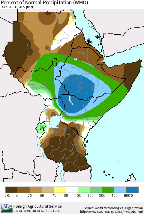 Eastern Africa Percent of Normal Precipitation (WMO) Thematic Map For 10/24/2022 - 10/30/2022
