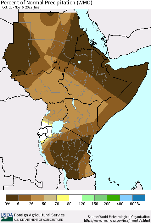 Eastern Africa Percent of Normal Precipitation (WMO) Thematic Map For 10/31/2022 - 11/6/2022