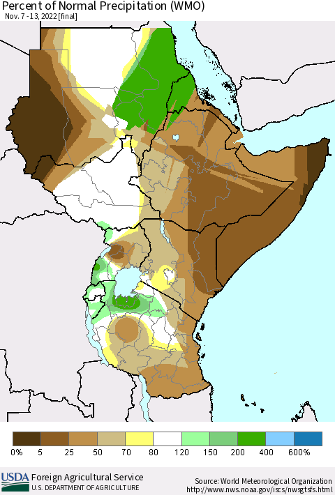 Eastern Africa Percent of Normal Precipitation (WMO) Thematic Map For 11/7/2022 - 11/13/2022