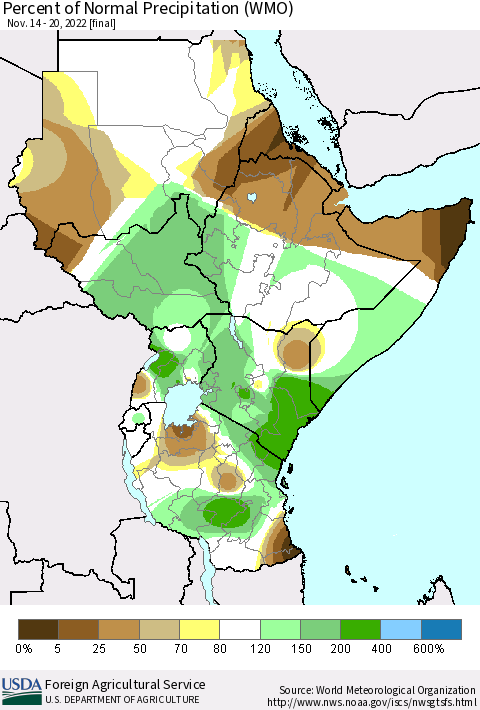 Eastern Africa Percent of Normal Precipitation (WMO) Thematic Map For 11/14/2022 - 11/20/2022