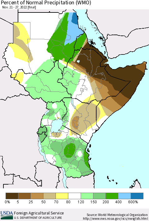 Eastern Africa Percent of Normal Precipitation (WMO) Thematic Map For 11/21/2022 - 11/27/2022