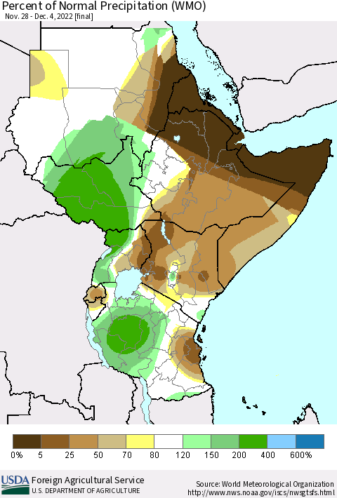 Eastern Africa Percent of Normal Precipitation (WMO) Thematic Map For 11/28/2022 - 12/4/2022