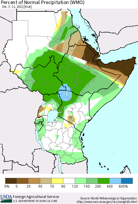 Eastern Africa Percent of Normal Precipitation (WMO) Thematic Map For 12/5/2022 - 12/11/2022