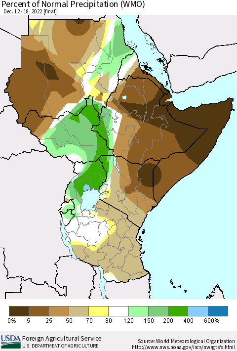 Eastern Africa Percent of Normal Precipitation (WMO) Thematic Map For 12/12/2022 - 12/18/2022