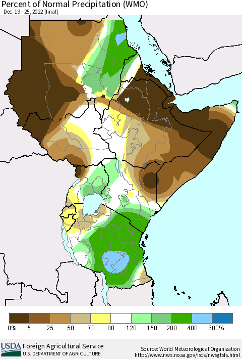 Eastern Africa Percent of Normal Precipitation (WMO) Thematic Map For 12/19/2022 - 12/25/2022