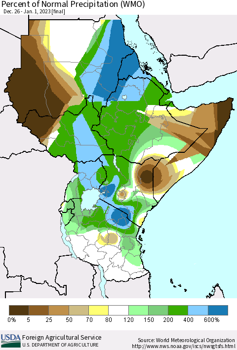 Eastern Africa Percent of Normal Precipitation (WMO) Thematic Map For 12/26/2022 - 1/1/2023