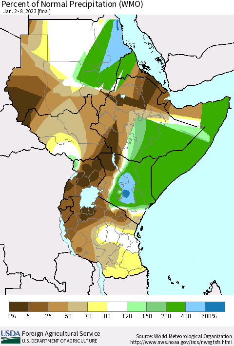 Eastern Africa Percent of Normal Precipitation (WMO) Thematic Map For 1/2/2023 - 1/8/2023