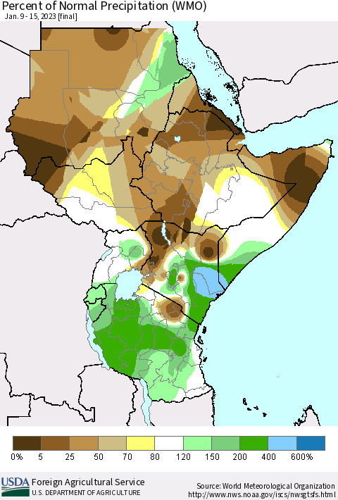 Eastern Africa Percent of Normal Precipitation (WMO) Thematic Map For 1/9/2023 - 1/15/2023