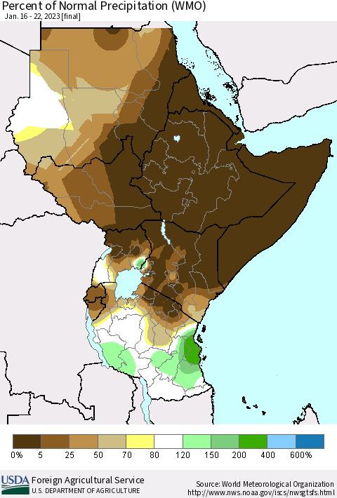 Eastern Africa Percent of Normal Precipitation (WMO) Thematic Map For 1/16/2023 - 1/22/2023