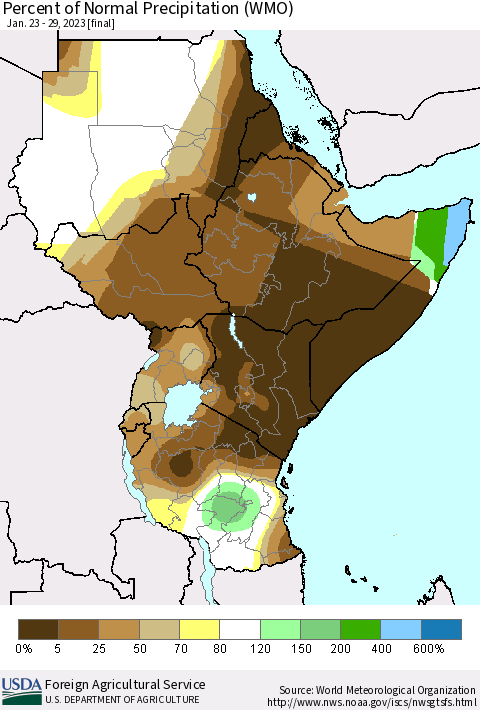 Eastern Africa Percent of Normal Precipitation (WMO) Thematic Map For 1/23/2023 - 1/29/2023