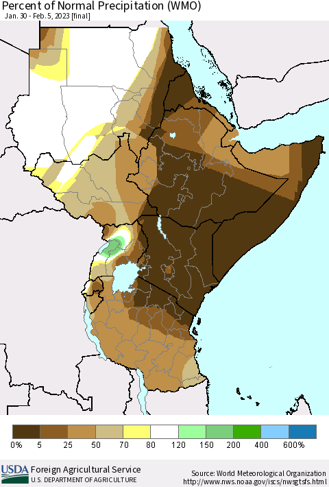 Eastern Africa Percent of Normal Precipitation (WMO) Thematic Map For 1/30/2023 - 2/5/2023