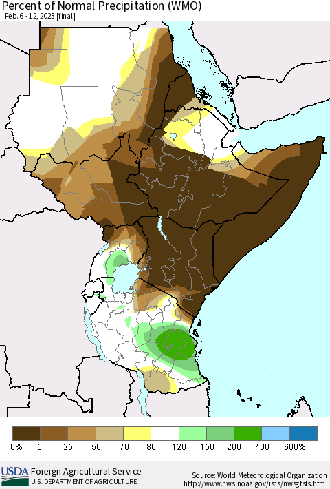 Eastern Africa Percent of Normal Precipitation (WMO) Thematic Map For 2/6/2023 - 2/12/2023