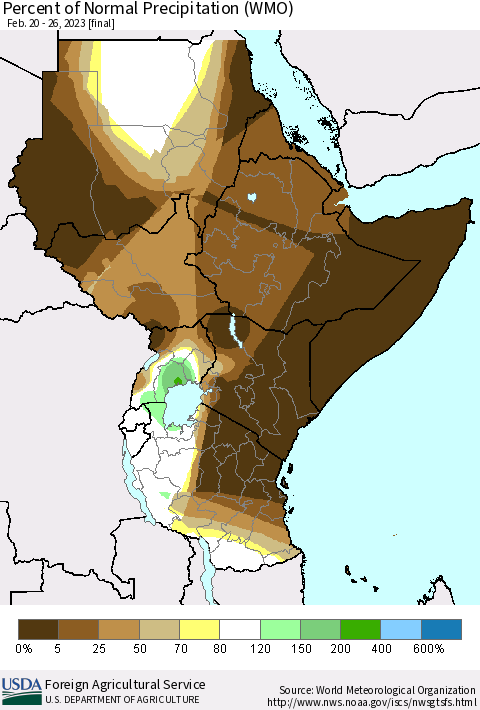 Eastern Africa Percent of Normal Precipitation (WMO) Thematic Map For 2/20/2023 - 2/26/2023