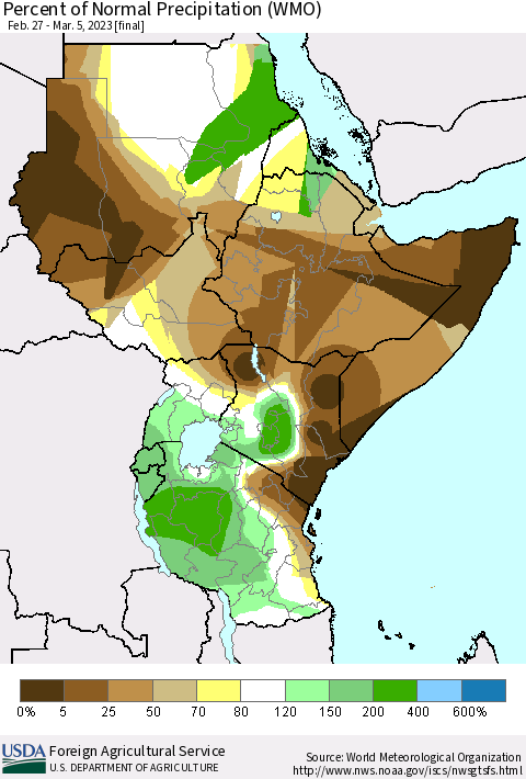 Eastern Africa Percent of Normal Precipitation (WMO) Thematic Map For 2/27/2023 - 3/5/2023