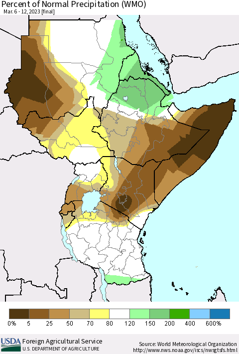 Eastern Africa Percent of Normal Precipitation (WMO) Thematic Map For 3/6/2023 - 3/12/2023