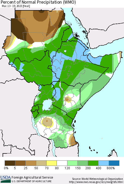 Eastern Africa Percent of Normal Precipitation (WMO) Thematic Map For 3/13/2023 - 3/19/2023