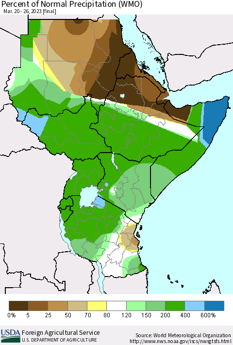Eastern Africa Percent of Normal Precipitation (WMO) Thematic Map For 3/20/2023 - 3/26/2023