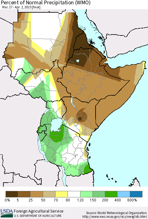 Eastern Africa Percent of Normal Precipitation (WMO) Thematic Map For 3/27/2023 - 4/2/2023