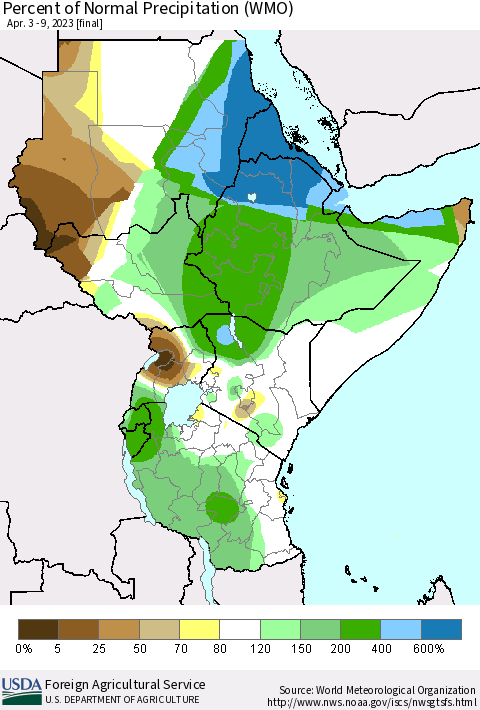 Eastern Africa Percent of Normal Precipitation (WMO) Thematic Map For 4/3/2023 - 4/9/2023