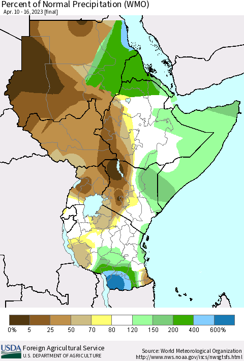 Eastern Africa Percent of Normal Precipitation (WMO) Thematic Map For 4/10/2023 - 4/16/2023
