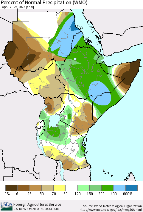 Eastern Africa Percent of Normal Precipitation (WMO) Thematic Map For 4/17/2023 - 4/23/2023