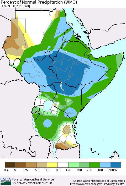 Eastern Africa Percent of Normal Precipitation (WMO) Thematic Map For 4/24/2023 - 4/30/2023