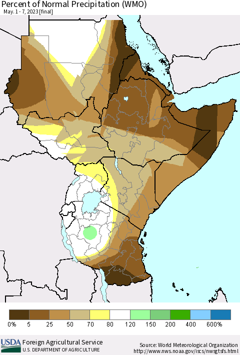 Eastern Africa Percent of Normal Precipitation (WMO) Thematic Map For 5/1/2023 - 5/7/2023