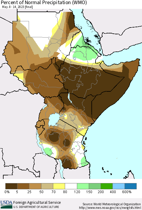 Eastern Africa Percent of Normal Precipitation (WMO) Thematic Map For 5/8/2023 - 5/14/2023