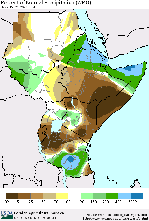 Eastern Africa Percent of Normal Precipitation (WMO) Thematic Map For 5/15/2023 - 5/21/2023