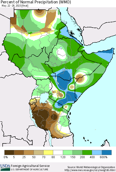 Eastern Africa Percent of Normal Precipitation (WMO) Thematic Map For 5/22/2023 - 5/28/2023