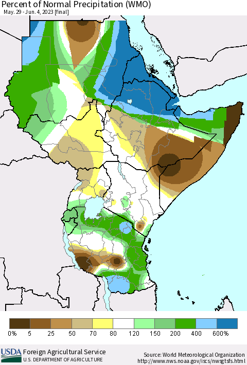 Eastern Africa Percent of Normal Precipitation (WMO) Thematic Map For 5/29/2023 - 6/4/2023