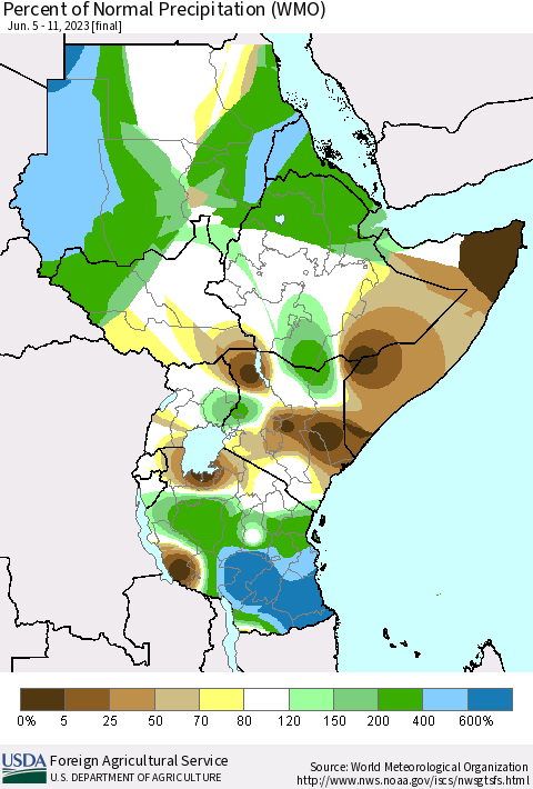 Eastern Africa Percent of Normal Precipitation (WMO) Thematic Map For 6/5/2023 - 6/11/2023