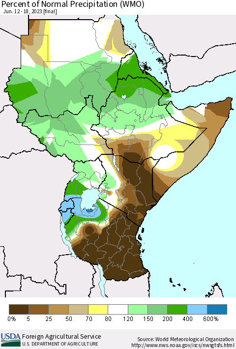 Eastern Africa Percent of Normal Precipitation (WMO) Thematic Map For 6/12/2023 - 6/18/2023